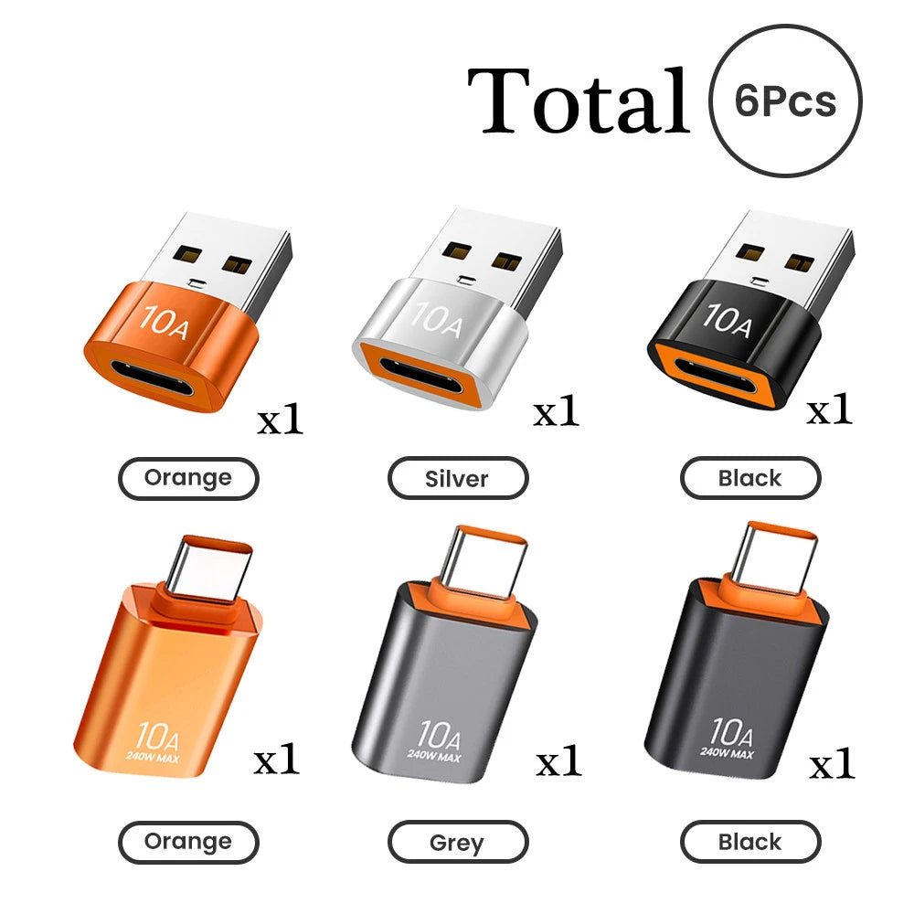 6Pcs 10A OTG USB 3.0 to Type C Adapter USB Female to Type C Male Fast Charging Converter USB to Type C OTG for Xiaomi Laptop PC