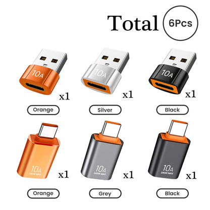 6Pcs 10A OTG USB 3.0 to Type C Adapter USB Female to Type C Male Fast Charging Converter USB to Type C OTG for Xiaomi Laptop PC